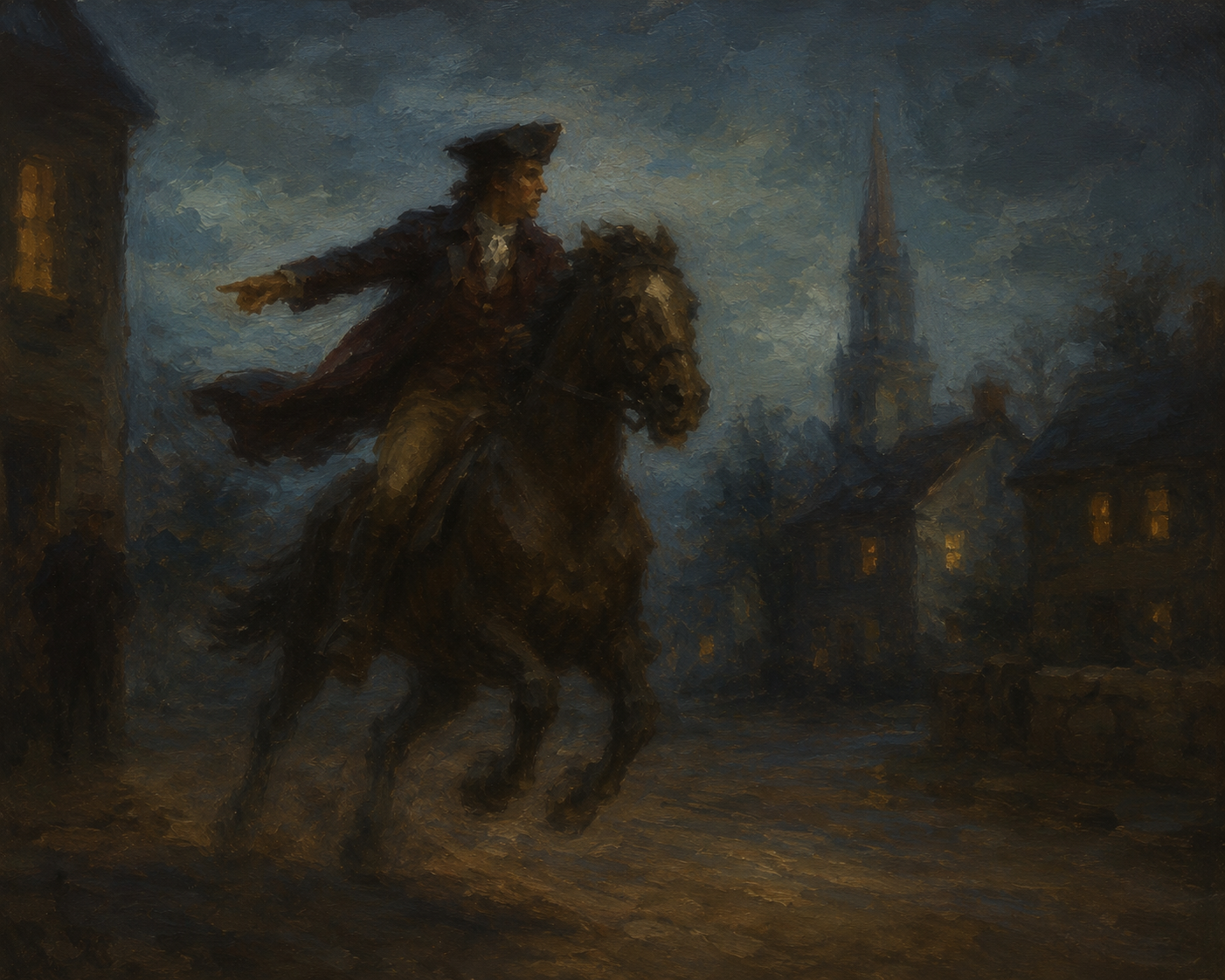 Paul Revere riding with urgency at night